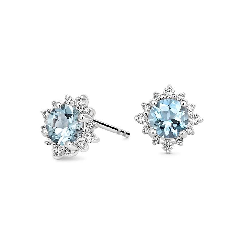 10k Gold Oval Aquamarine and Diamond Halo Stud Earrings with Post with Friction Back 5 x 3 MM 0.28 Carat ctw