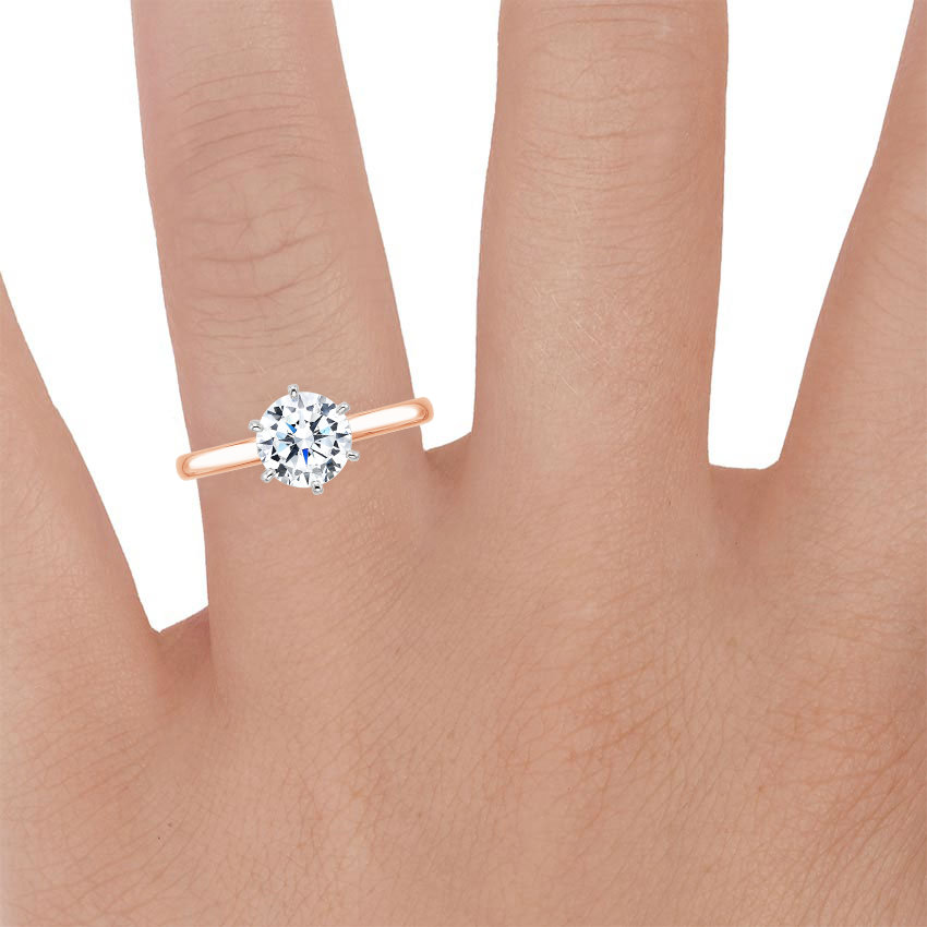 14K Rose Gold Six-Prong 2mm Comfort Fit Ring, large zoomed in top view on a hand