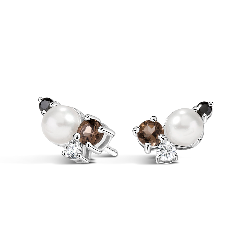 Diamond, Black Diamond, Quartz and Pearl Cluster Earrings 