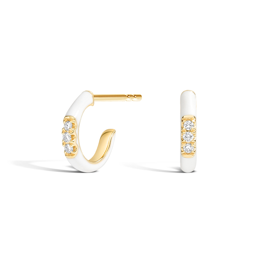 White Enamel and Diamond Hoop Earrings 
