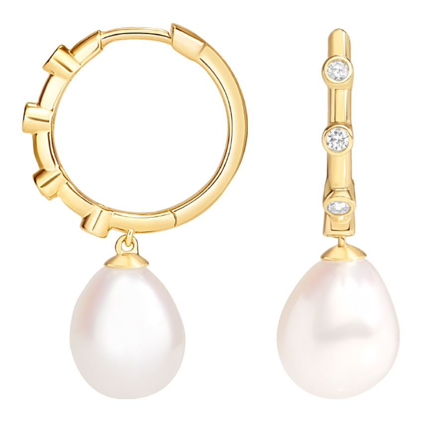 14K Yellow Gold Gina Baroque Cultured Pearl and Diamond Drop Huggie ...