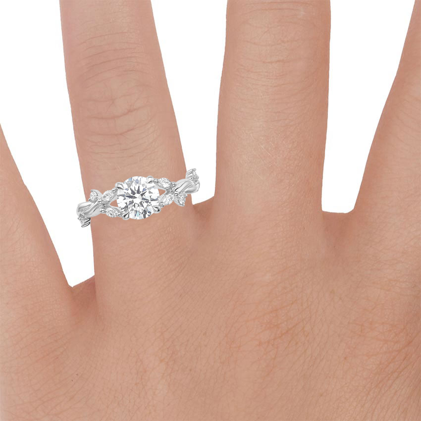 Platinum Azalea Twist Diamond Ring, large zoomed in top view on a hand