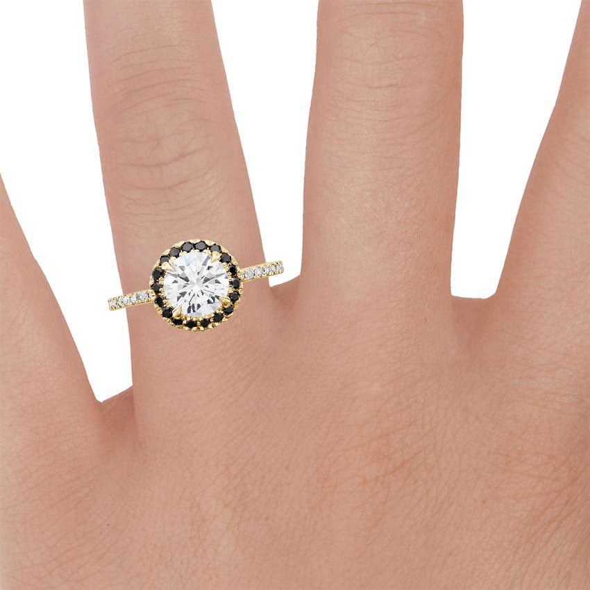 18K Yellow Gold Waverly Halo Diamond Ring with Black Diamond Accents, large zoomed in top view on a hand