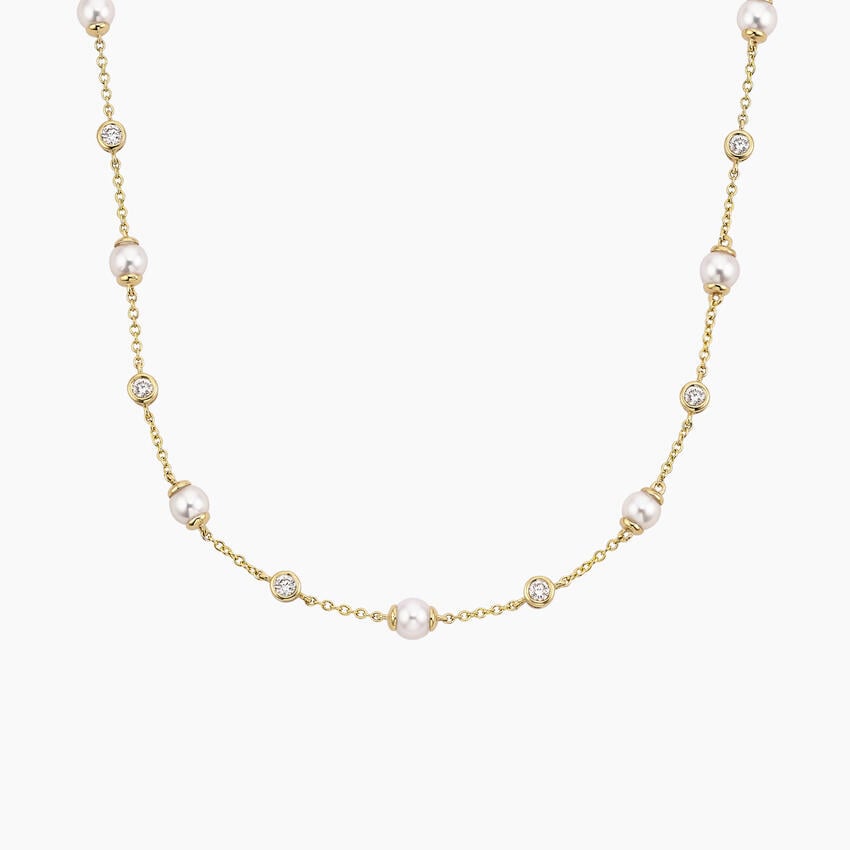14K Yellow Gold Athena Premium Akoya Cultured Pearl and Diamond Strand Necklace (3/8 ct. tw.)