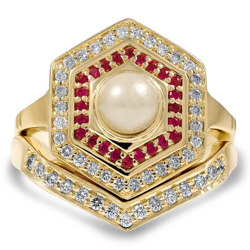 Custom Art Deco-Inspired Hexagonal Halo Pearl Matched Set