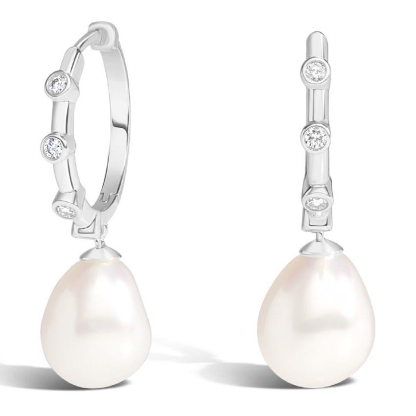 Gina Baroque Cultured Pearl and Diamond Drop Huggie Earrings - Brilliant Earth