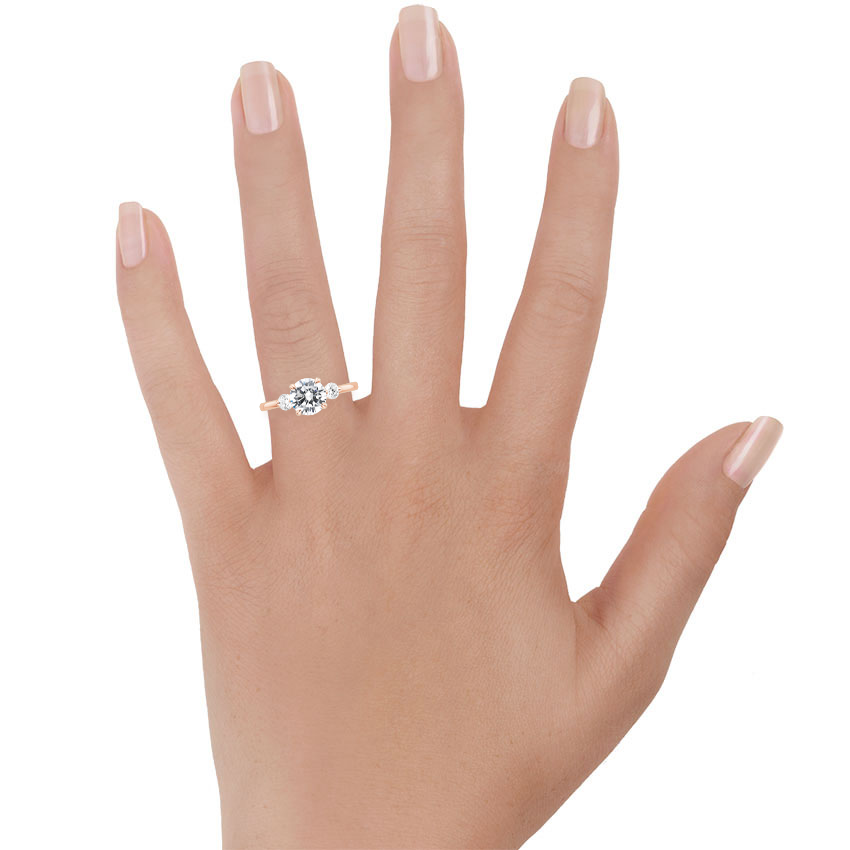 14K Rose Gold Perfect Fit Three Stone Diamond Ring, large top view on a hand