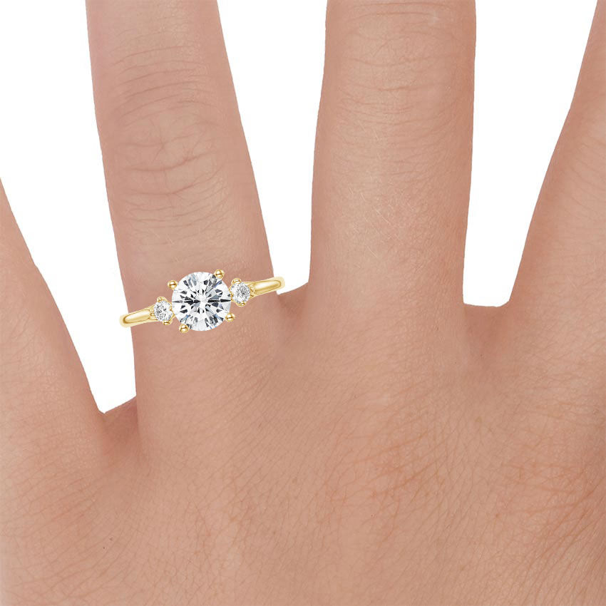 18K Yellow Gold Three Stone Floating Diamond Ring, large zoomed in top view on a hand