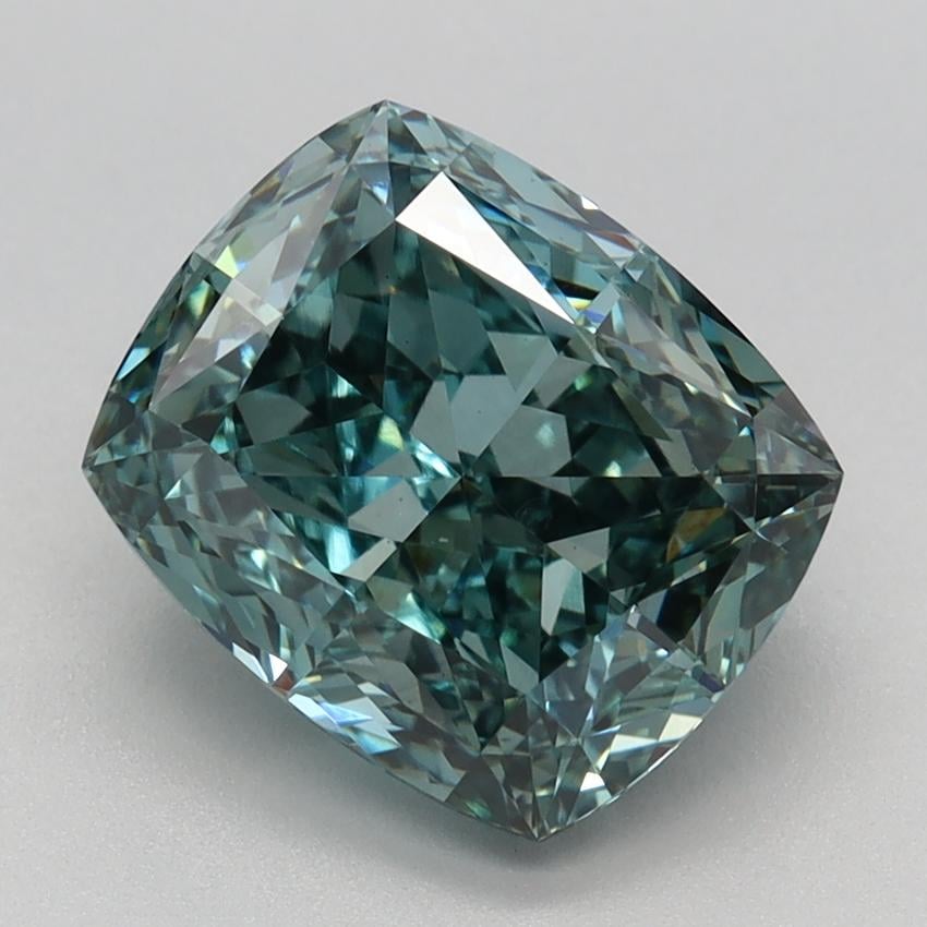 3.02 Ct. Fancy Vivid Green Blue Cushion Lab Grown Diamond