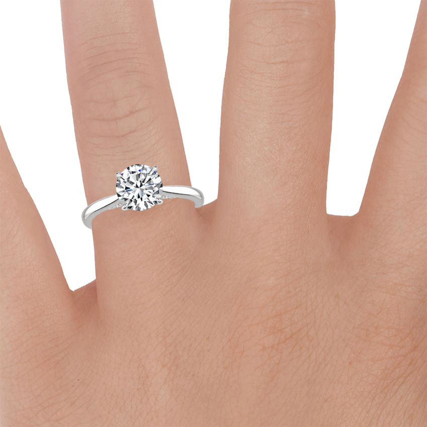 18K White Gold Dawn 1.5mm Diamond Ring, large zoomed in top view on a hand