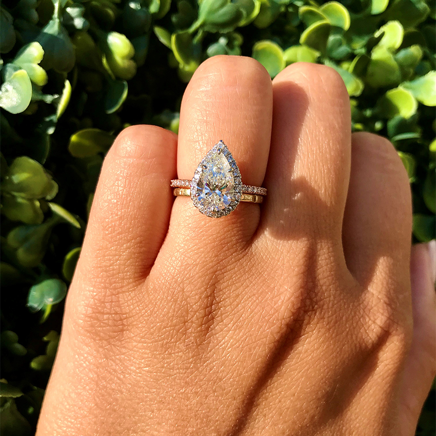 2.66 Pear Double Halo Simulated Blue Sapphire VVS1 Promise Bridal Wedding Engagement Classic Designer Ring Solid 14k 2 tone Gold