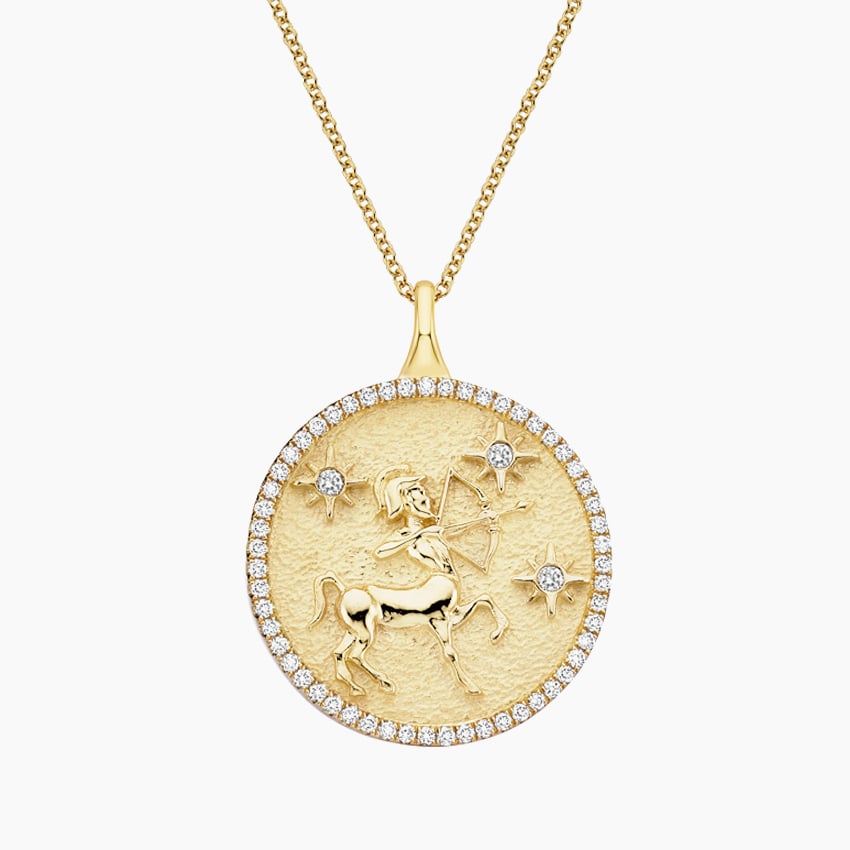 Amazon.com: 14k Yellow Gold Dainty Round Sagittarius Zodiac Sign Cut-Out  Disc Pendant with Cuban Chain Necklace, 16
