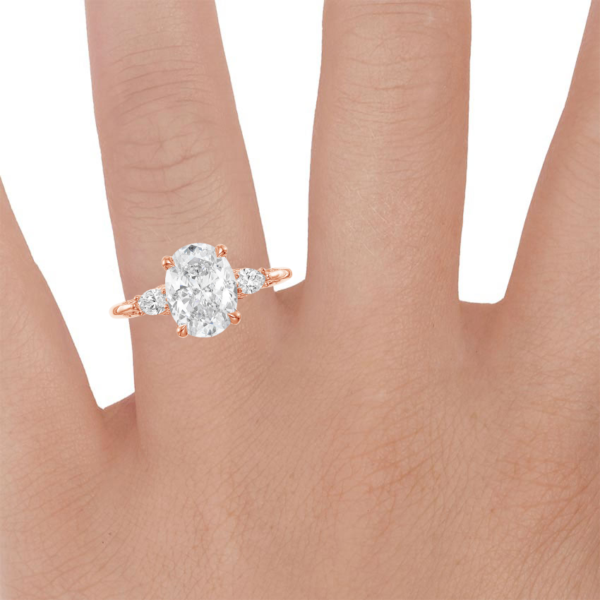 18K Rose Gold Simply Tacori Three Stone Marquise Diamond Ring, large zoomed in top view on a hand
