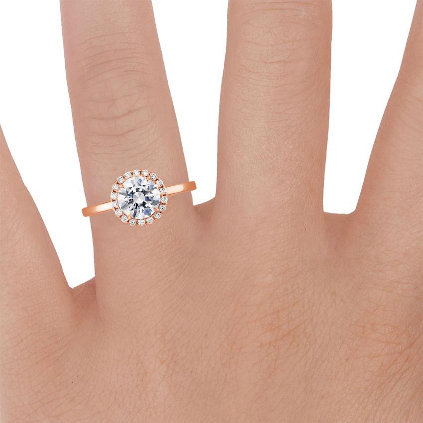 14K Rose Gold Vienna Halo Diamond Ring, large zoomed in top view on a hand