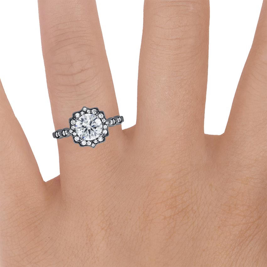 18K White Gold Black Rhodium Cadenza Halo Diamond Ring, large zoomed in top view on a hand