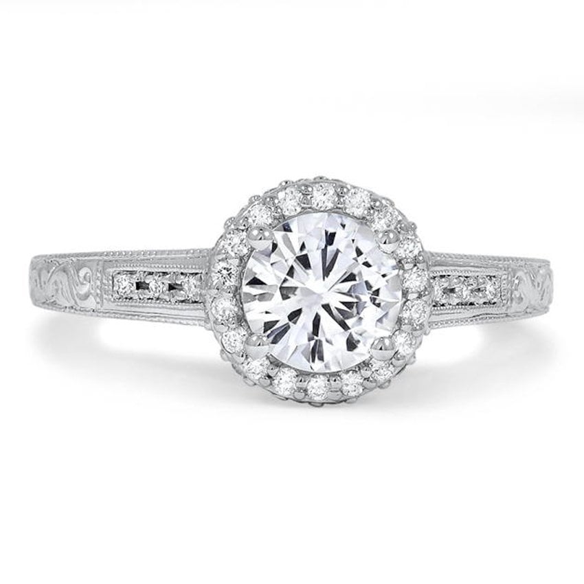 Custom Engraved Halo White Sapphire and Diamond Ring