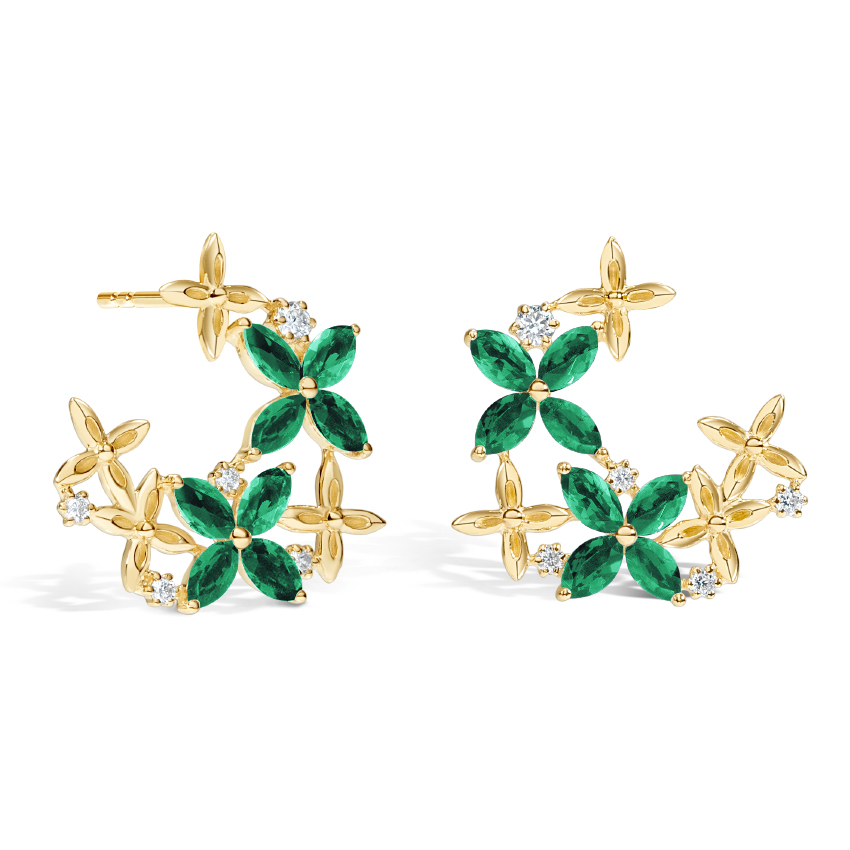 Floral Emerald and Diamond Hoop Earrings 