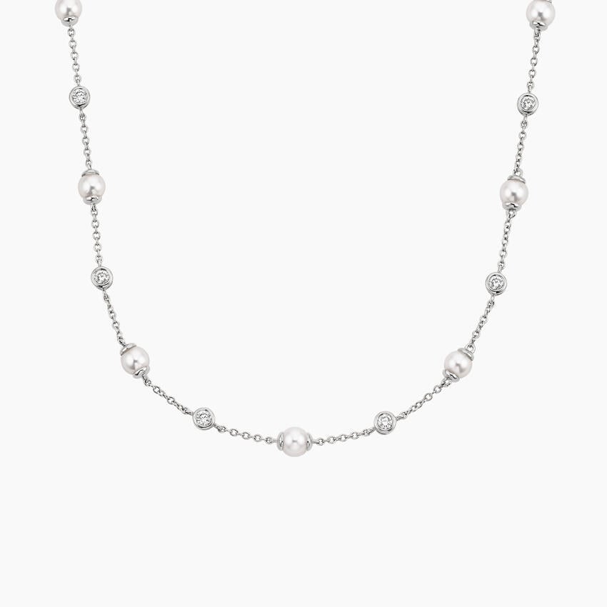 14K White Gold Athena Premium Akoya Cultured Pearl and Diamond Strand Necklace (3/8 ct. tw.)