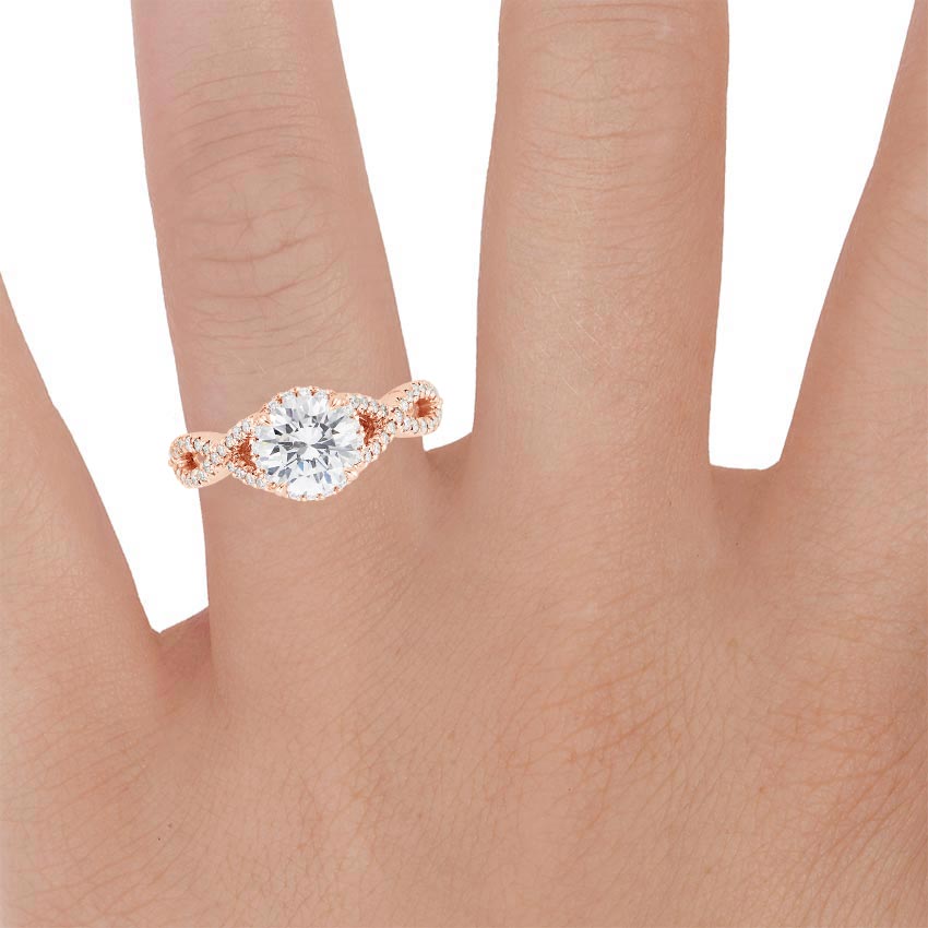 14K Rose Gold Entwined Halo Diamond Ring (1/3 ct. tw.), large zoomed in top view on a hand