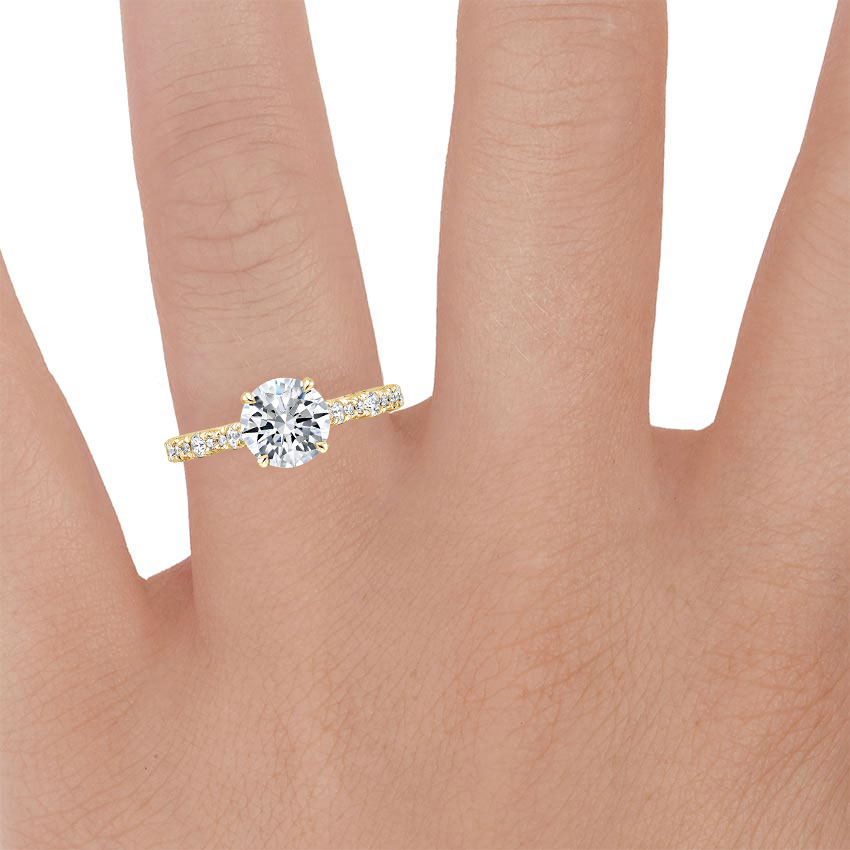 18K Yellow Gold Tacori Petite Crescent Pavé Diamond Ring (1/3 ct. tw.), large zoomed in top view on a hand