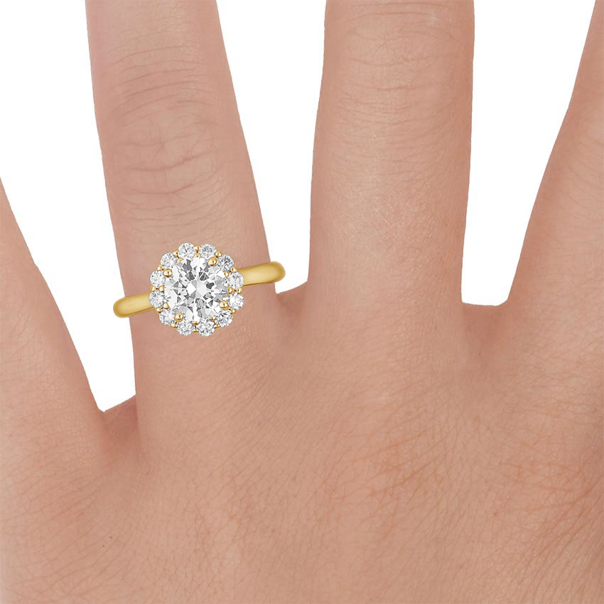 18K Yellow Gold Lotus Flower Halo Diamond Ring (1/4 ct. tw.), large zoomed in top view on a hand