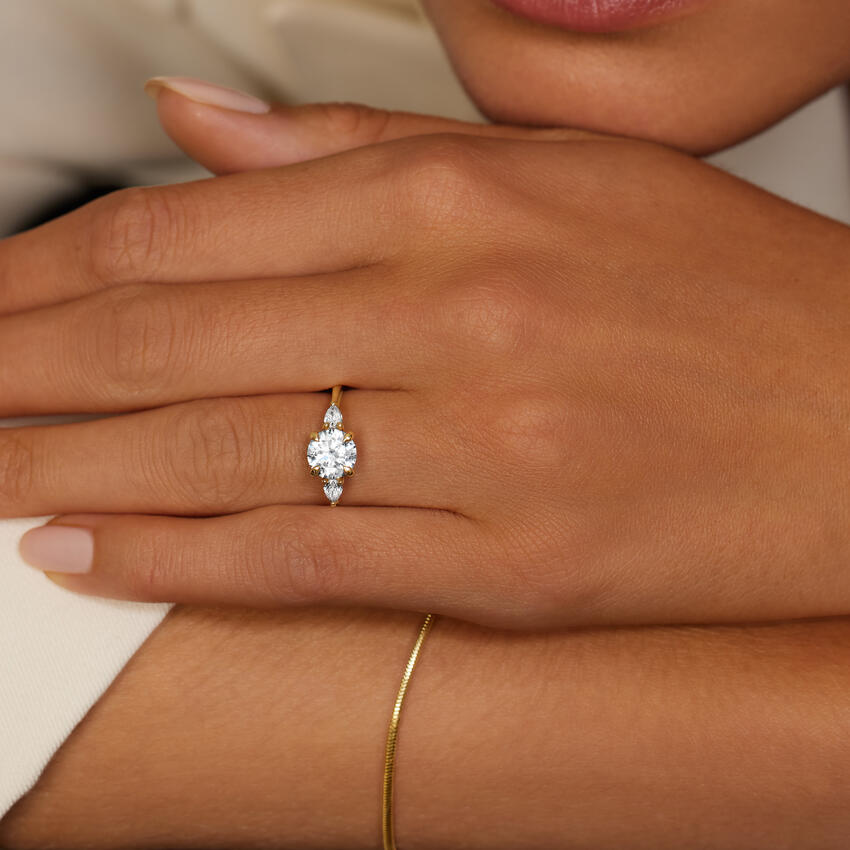 18K Yellow Gold Adorned Petite Opera Three Stone Diamond Ring