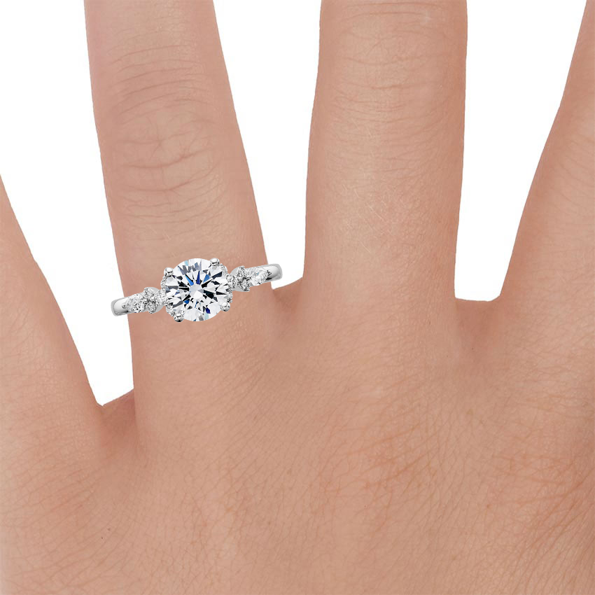 18K White Gold Rosette Diamond Ring, large zoomed in top view on a hand
