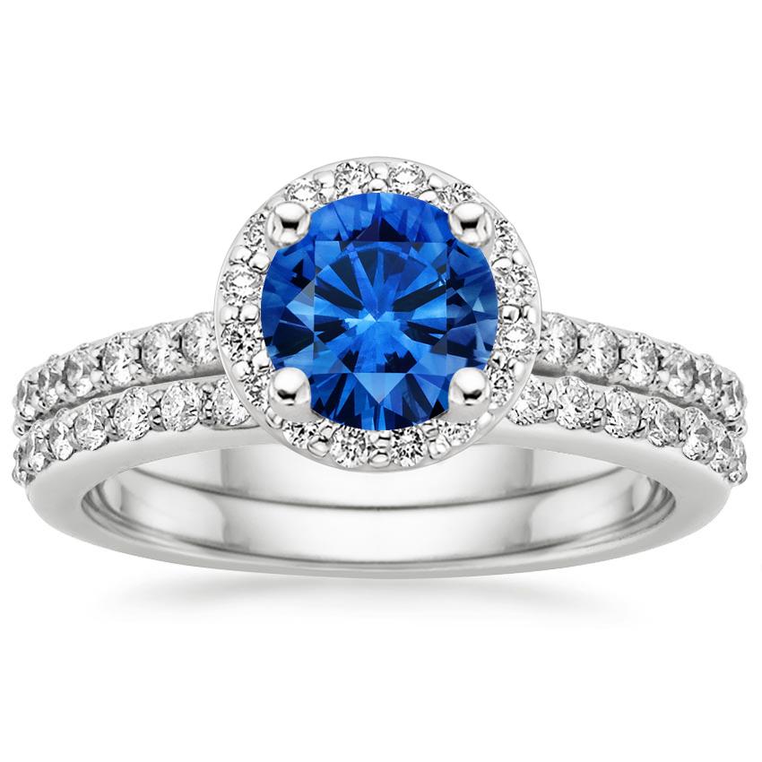 Sapphire Halo Diamond Ring with Side Stones with Petite Shared Prong ...