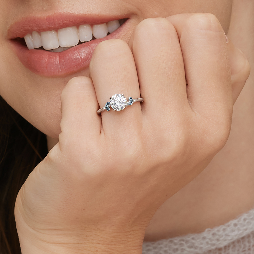 18K White Gold Camellia Indigo Milgrain Ring