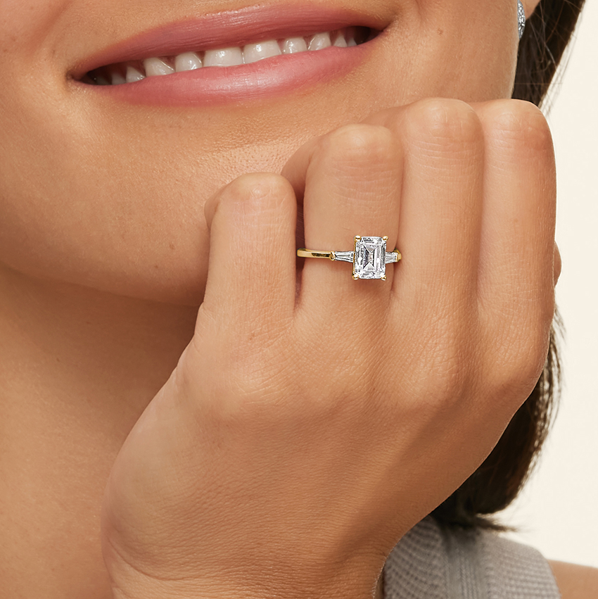 18K Yellow Gold Tapered Baguette Three Stone Diamond Ring
