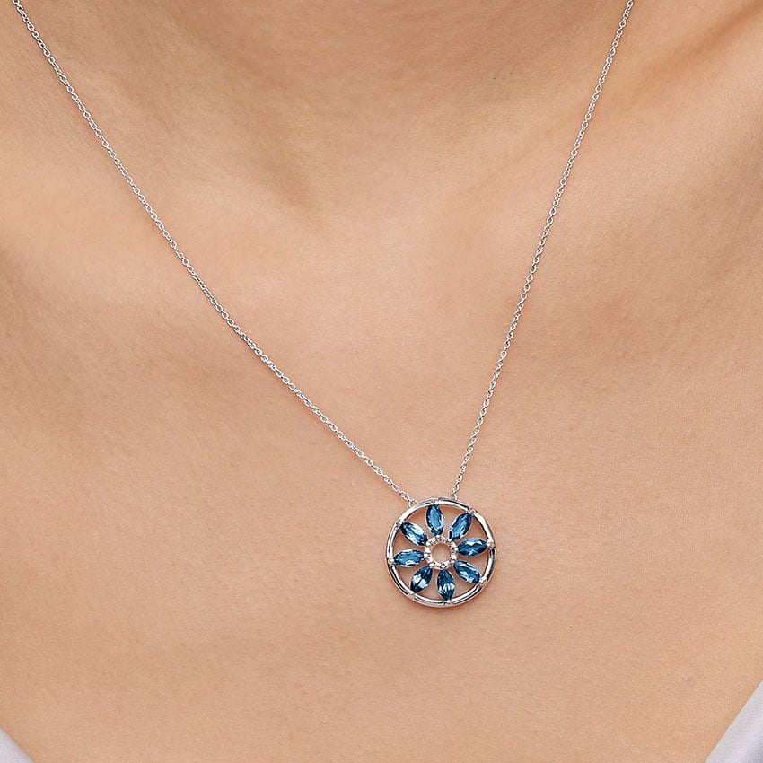 Sterling Silver Flower Pendant Necklace With Genuine Gemstones & White Topaz - 18 Inch Rolo Chain, Gift Ready
