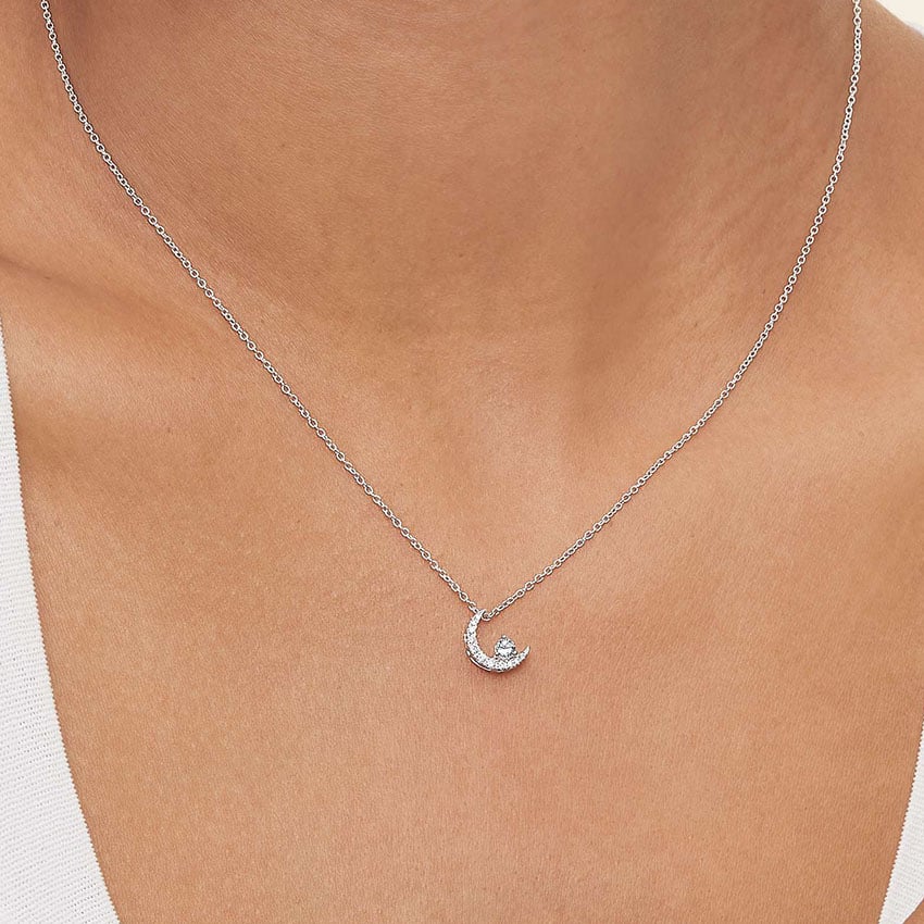 Silver Crescent Moon Aquamarine and Diamond Pendant
