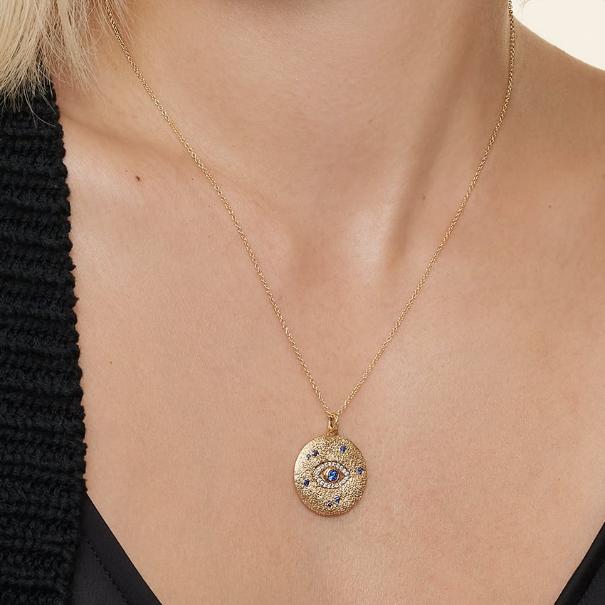 14K Yellow Gold Evil Eye Sapphire and Diamond Medallion
