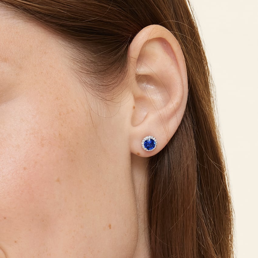 18K White Gold Sapphire Halo Diamond Earrings