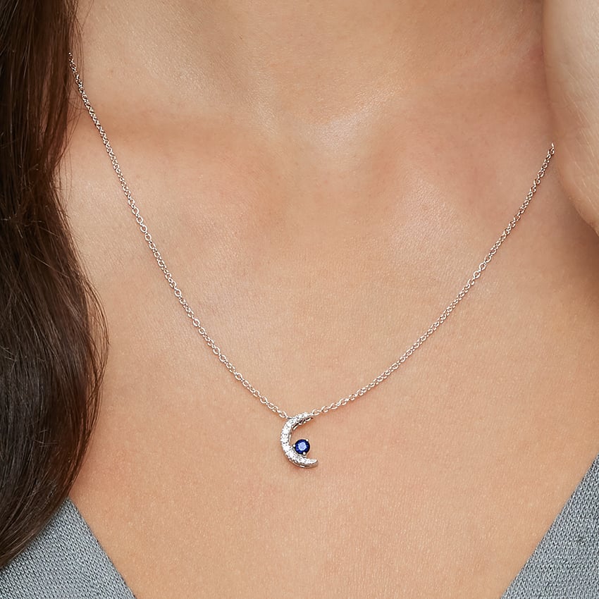 Silver Crescent Moon Sapphire and Diamond Pendant