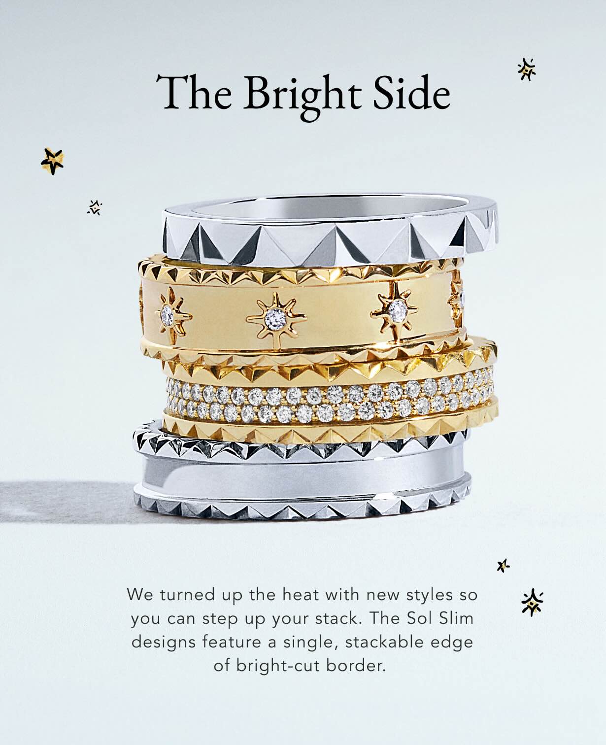 Stack of gold and diamond rings from Brilliant Earth's Sol Collection