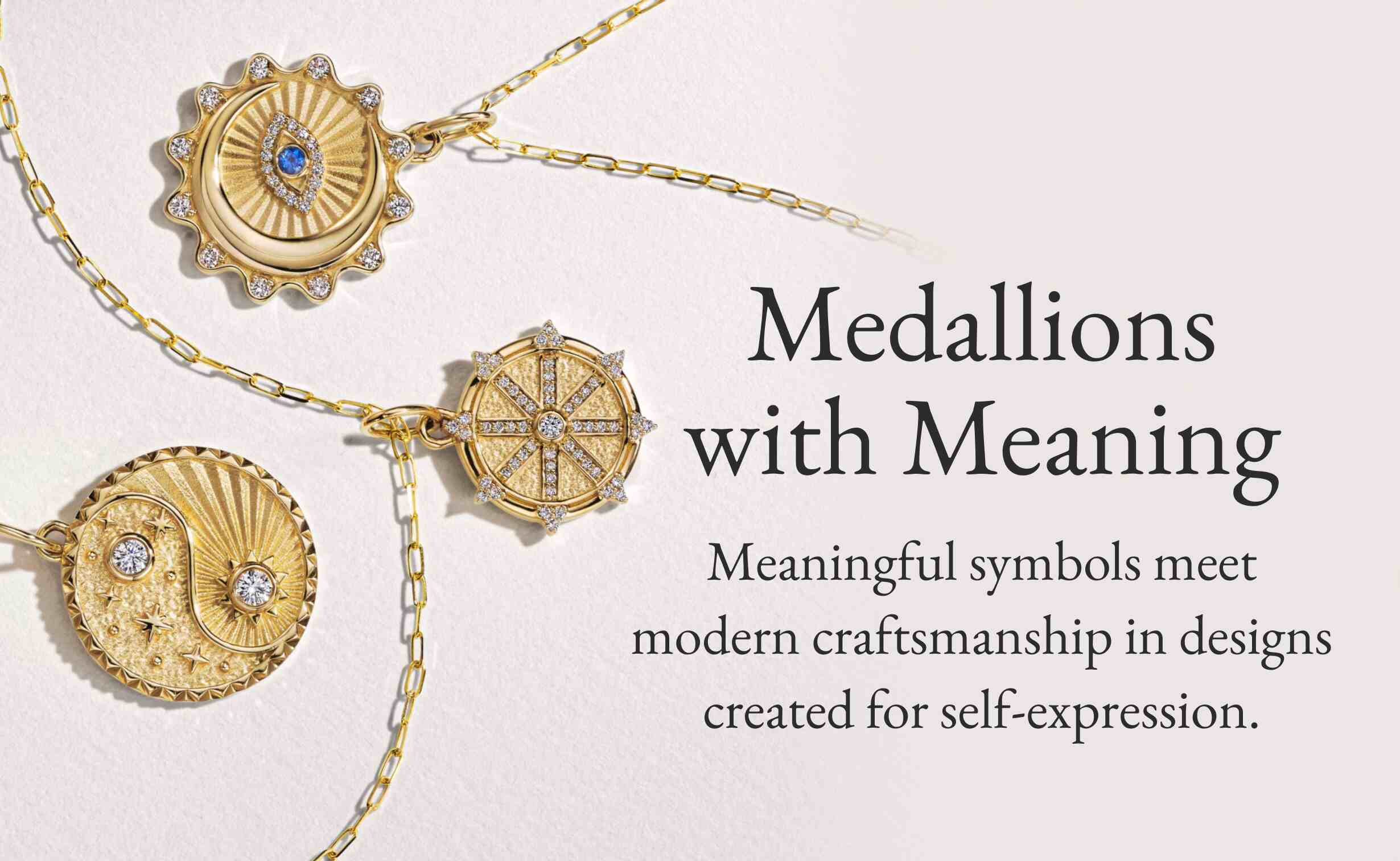 Assortment of gold and diamond medallion necklaces.