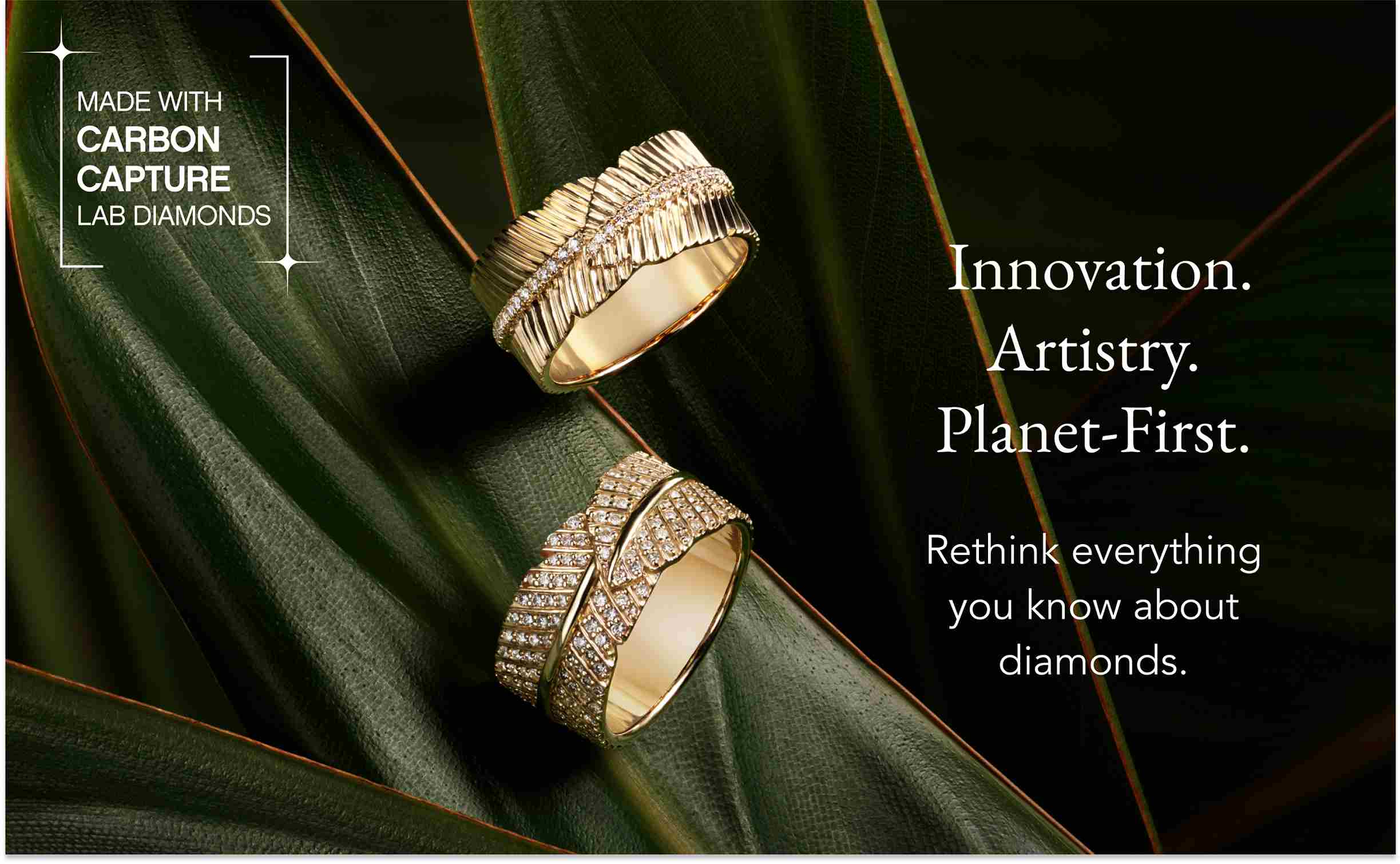 Gold diamond rings from The Jane Goodall Collection, featuring Carbon Capture diamonds.