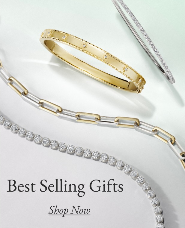Assortment of gold and diamond fine jewelry, perfect for Valentine’s Day gifting.
