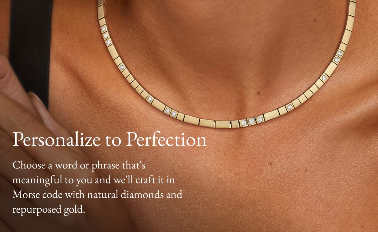Model wearing a personalized necklace from the love decoded