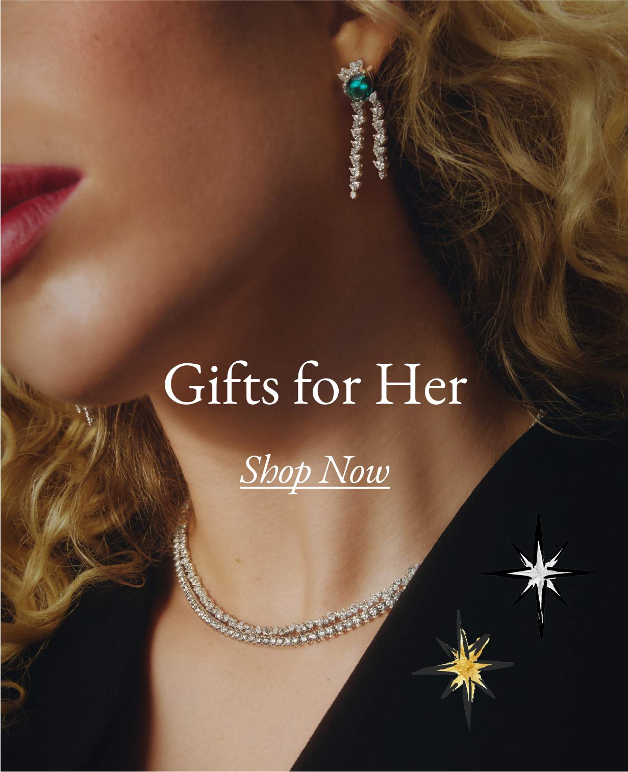 Model wearing diamond jewelry, the perfect gift for her