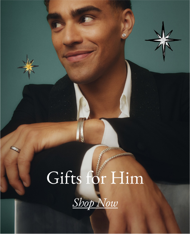 Male model wearing men's fine jewelry, perfect for holiday gifting