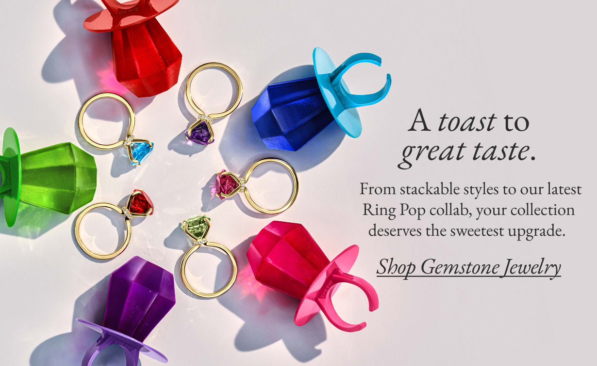 Gemstone cocktail rings featured from the Brilliant Earth x Ring Pop collaboration.