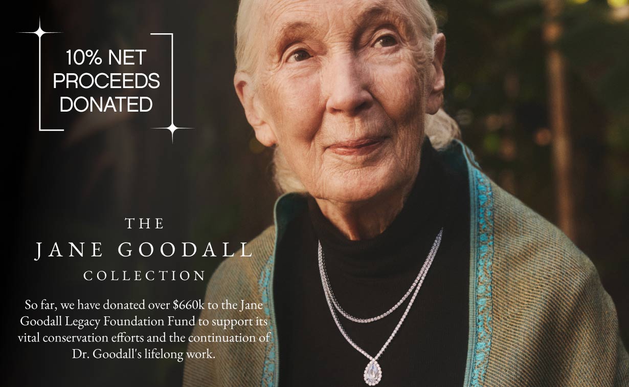 Jane Goodall wearing two diamond necklaces.