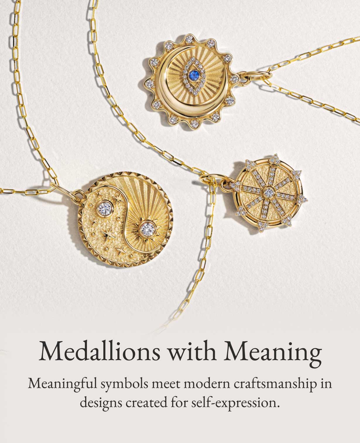 Assortment of gold and diamond medallion necklaces.