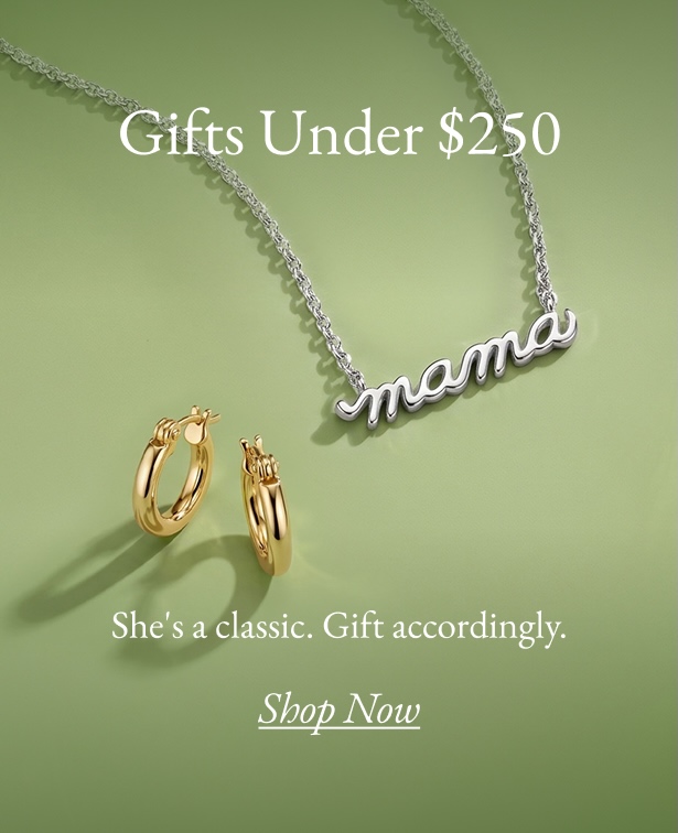 Gold hoop earrings and silver mama necklace both under $250.