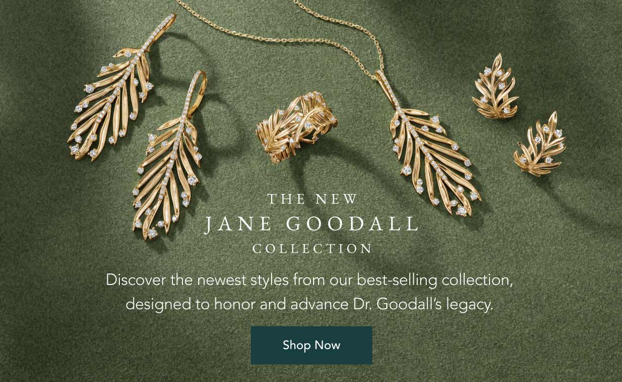 Gold leaf earrings, necklace, and ring from The Jane Goodall Collection.