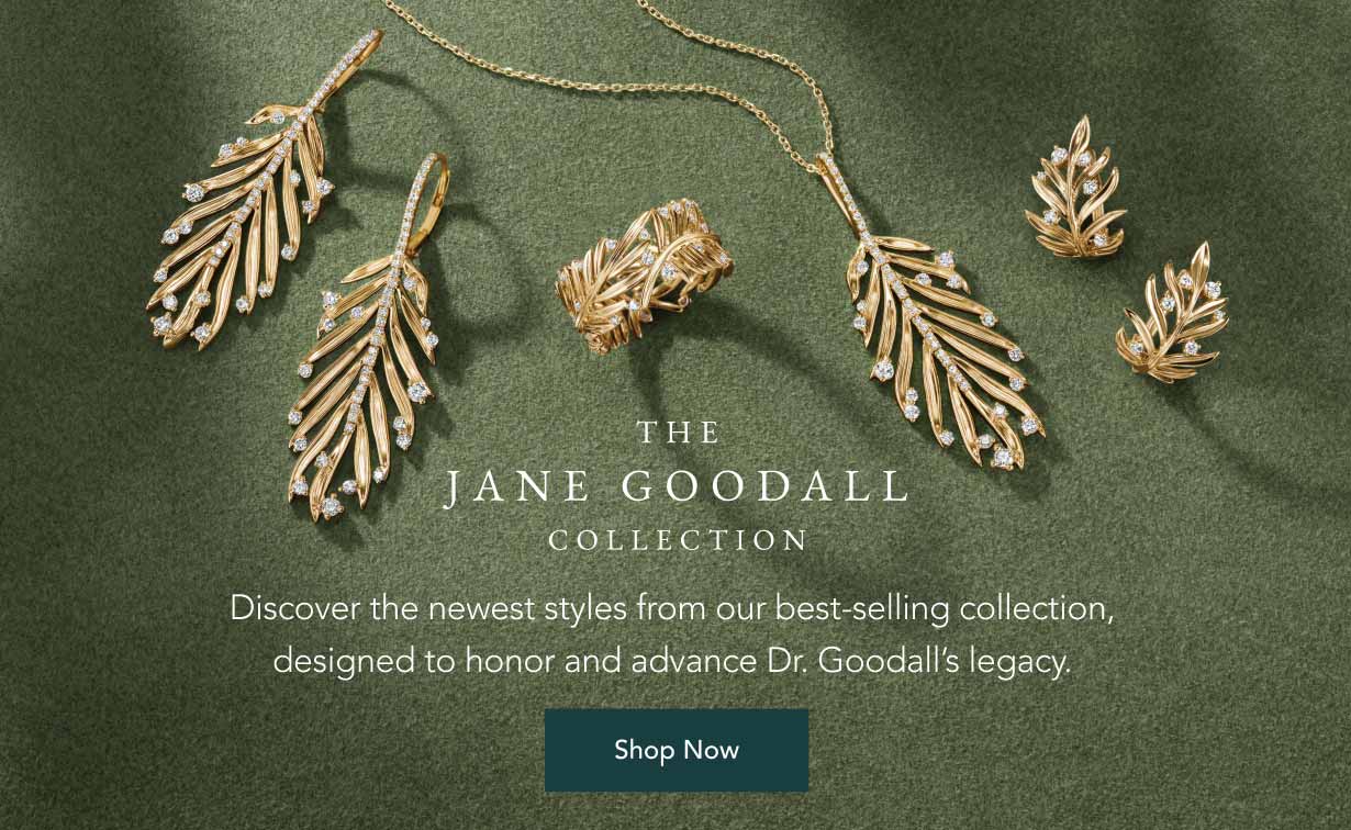 Gold leaf earrings, necklace, and ring from The Jane Goodall Collection.