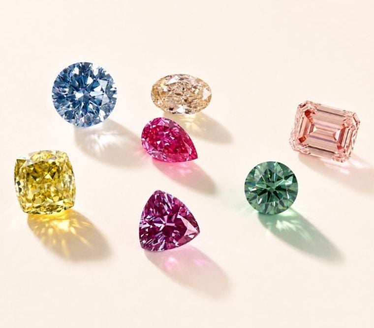 Assortment of lab colored diamonds.