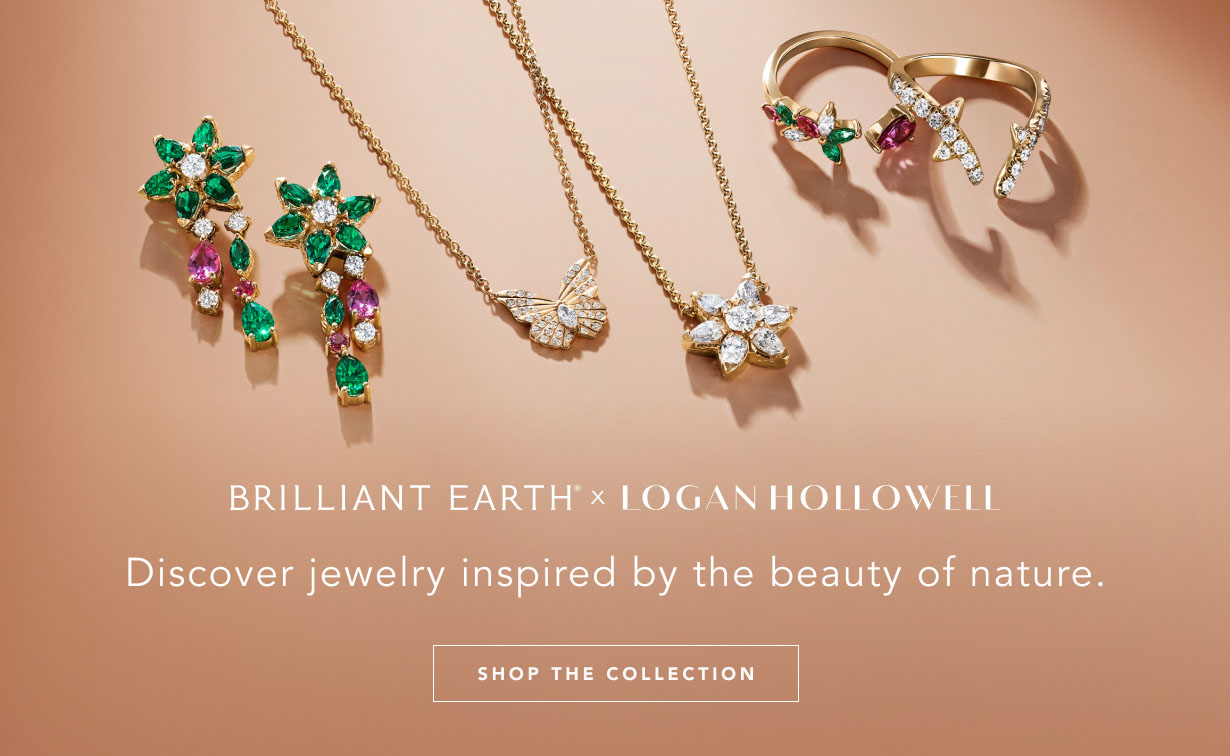 Drop earrings, necklaces, and fashion rings from the Brilliant Earth x Logan Hollowell collection.
